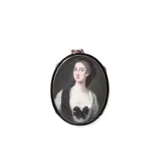 Jean André Rouquet, A lady wearing a white dress with folded black ribbon to her corsage, her brown hair upswept beneath a black veil falling before her right shoulder, enamel, gold frame with black enamel border to the obverse, the reverse glazed with bracelet strap loops,