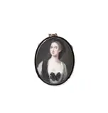Jean André Rouquet, A lady wearing a white dress with folded black ribbon to her corsage, her brown hair upswept beneath a black veil falling before her right shoulder, enamel, gold frame with black enamel border to the obverse, the reverse glazed with bracelet strap loops,