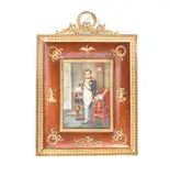 Lucienne Frison-Fabrice, Napoléon I (1769-1821), After Jacques Loius David, titled The Emperor Napoleon in His Study at the Tuileries, on ivory signed L Frison-Fabrice, gilt-metal frame and leather with pierced laurel wreath cresting,, Wearing the uniform of a Colonel of the Imperial Guard Foot Grenadiers