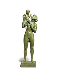 Olof Ahlberg, green patinated bronze figural group of mother and child, green patinated bronze