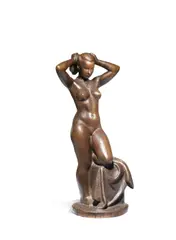 Johannes Hansen, patinated bronze figure of a stylised female nude arranging her hair, patinated bronze