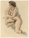 Kneeling female nude by George Grosz, Um 1945, Aquarell und Farbkreide auf Bütten, sold Nov 2019