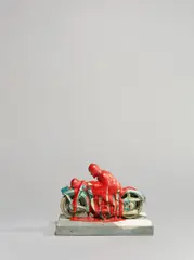 Motorradfahrer by Dieter Roth, 1969, Blechspielzeug mit Acrylfarbe übergossen, auf Holzsockel montiert, sold Nov 2019