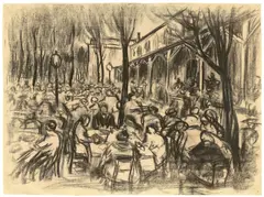 Werner Heldt, Biergarten (Krollgarten?), 1935, Kohle auf Guarro-Bütten
