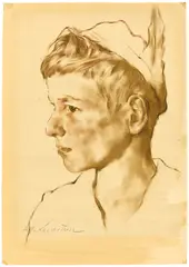 Junge mit Federhut (Uwe Wolf) by Lotte Laserstein, 1934, Öl auf Papier, sold Nov 2019