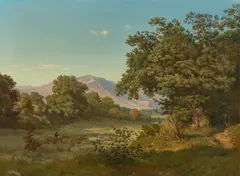 Louis Gurlitt, Landschaft mit Jäger, 1854, Öl auf Leinwand. Doubliert