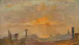 Sonnenuntergang über den Dächern der Stadt (Studie) by Gustave (Gustave-Claude-Etienne) Courtois, Um 1900, Öl auf Leinwand auf Pappe, sold Jun 2022