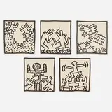 Keith Haring, Untitled (five works from the Keith Haring: Tony Shafrazi catalogue), 1982, offset lithograph on notebook paper (each double-sided)