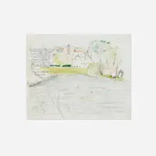 Larry Rivers, Hayground Pond and the House of Charles Rydel, Windy Hill (Collaboration with K. Koch), 1977, graphite and colored pencil on paper
