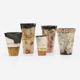 Bennett Bean, Collection of five vessels, c. 1982, pit-fired and painted earthenware