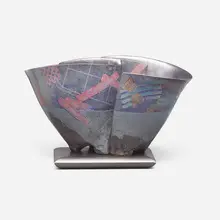 Pair on Base No. 382 by Bennett Bean, 2000, pit-fired, painted, and black-leafed earthenware, enameled MDF base, sold Jan 2023