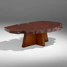 George Nakashima, Important Arlyn coffee table, 1978, redwood root burl, American black walnut