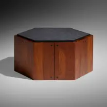 Occasional table by Phillip Lloyd Powell, c. 1975, walnut, slate, ebony, sold Jan 2023