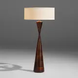Large table lamp by Phillip Lloyd Powell, c. 1965, laminated walnut, linen, sold Jan 2023