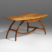 Wagon-Wheel coffee table by Wharton Esherick, 1951, cottonwood, hickory, sold Jan 2023