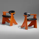Chairs, pair by Wendell Castle, 1997, mahogany, poplar, leather, sold Jan 2023