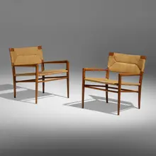 Mel Smilow, Lounge chairs, pair, 1956, beech, rush