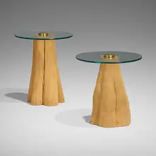 Steven Chase, Occasional tables, set of two, c. 1980, pine, glass, brass-plated aluminum