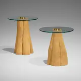 Steven Chase, Occasional tables, set of two, c. 1980, pine, glass, brass-plated aluminum