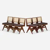 Dining chairs from Punjab University, Chandigarh, set of six by Pierre Jeanneret, c. 1958-59, teak, cane, upholstery, sold Jan 2023