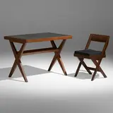 Desk and chair from Chandigarh by Pierre Jeanneret, c. 1959-60, teak, leather, cane, upholstery, sold Jan 2023