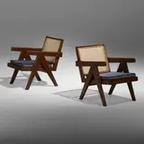 Lounge chairs from Chandigarh, pair by Pierre Jeanneret, c. 1955, teak, cane, upholstery, sold Jan 2023