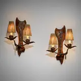 Georges Charpentier, Sconces, pair, c. 1970, carved and stained pine, forged and patinated steel, jute, painted paper