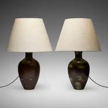 Table lamps, pair by Gunnar Nylund, c. 1950, glazed stoneware, woven fabric shade, sold Aug 2025