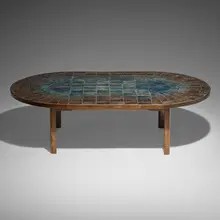Bjørn Wiinblad, Coffee table, c. 1965, glazed ceramic with gilding, wenge, stained beech