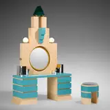 Michael Graves, Plaza vanity and stool, maple, lacquered wood, mirrored glass, glass, brass, acrylic, upholstery