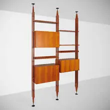LB7 library by Franco Albini, 1957, rosewood, enameled steel, enameled aluminum, brass, sold Aug 2025