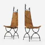 Chairs, pair by attribution Sido and François Thévenin, c. 1990, wrought iron, leather, brass, sold Aug 2025