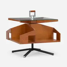 Ico Parisi, Occasional table with rotating shelves, c. 1958, teak, enameled steel, nickel-plated brass, glass