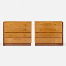Cabinets from the No. 3624 group, pair by Gilbert Rohde, 1936, mahogany, bird's-eye maple, glass, brass, sold Aug 2025