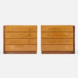 Gilbert Rohde, Cabinets from the No. 3624 group, pair, 1936, mahogany, bird's-eye maple, glass, brass