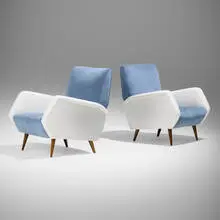 Lounge chairs model 803, pair by Gio Ponti, 1954, upholstery, vinyl, walnut, sold Aug 2025