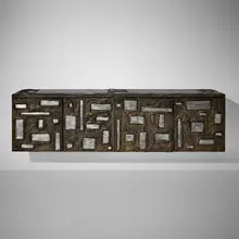 Paul Evans, Sculpted Bronze cabinet, model PE-41, 1968, bronze resin over wood with brushed aluminum tile inserts, slate, lacquered steel
