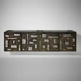Sculpted Bronze cabinet, model PE-41 by Paul Evans, 1968, bronze resin over wood with brushed aluminum tile inserts, slate, lacquered steel, sold Aug 2025