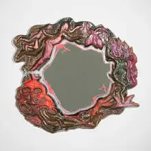 Toomas Toomepuu, Craigslist Missed Connections wall mirror, 2021, glazed ceramic, mirrored glass, silicone, oil paint