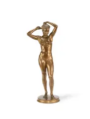 Nils Möllerberg, patinated bronze figure of young nude woman combing her hair, patinated bronze