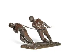 Victor Demanet, 'Le Haleurs' - a patinated bronze figure of two labourers, patinated bronze