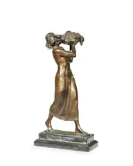 Rudolf Marcuse, patinated bronze figure of an Eastern maiden holding a basket of fruit, patinated bronze