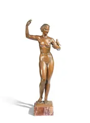 August Wilhelm Goebel, 'Waking the Dawn' - a patinated bronze figure of a female nude, patinated bronze