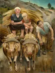 Mit Ochsenkarren heimkehrende Familie by Magnus Zeller, 1945, Öl auf Leinwand, sold Jul 2020