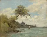 Paul Désiré Trouillebert, Seeblick im Frühling, Öl auf Leinwand