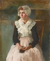 Porträt der Gattin Claire Bantzer in holländischer Tracht by Carl Ludwig Noah Bantzer, Um 1885, Öl auf Leinwand auf Holz, sold Dec 2021
