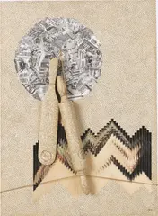 Jiří Kolář, Das fliegende Venedig (Létající Benátky), 1982, 2 Holzobjekte, Kordel, Chiasmage, Collage und Rollage auf Holzplatte