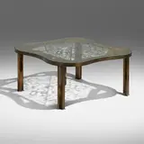 Rare Viola coffee table by Philip and Kelvin Laverne, 1965, acid-etched and patinated bronze over wood, glass, sold Jan 2023