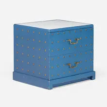 Nightstand by Tommi Parzinger, c. 1965, lacquered wood, milk glass, brass, sold Jan 2023