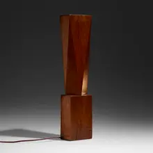 Rare table lamp by Wharton Esherick, 1931, carved walnut, aluminum, sold Jan 2023